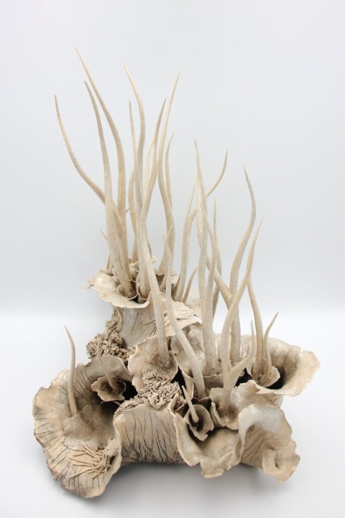 Resurgences - Sculpture céramique inspirée par la nature, de forme libre avec creux arborescences et filaments, différentes teintes beige et gris.